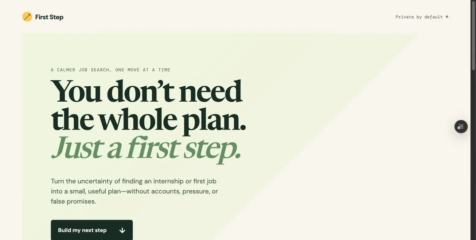 First Step, the guided next-step-plan product built by Codex&rsquo;s intern chain, showing its editorial landing page